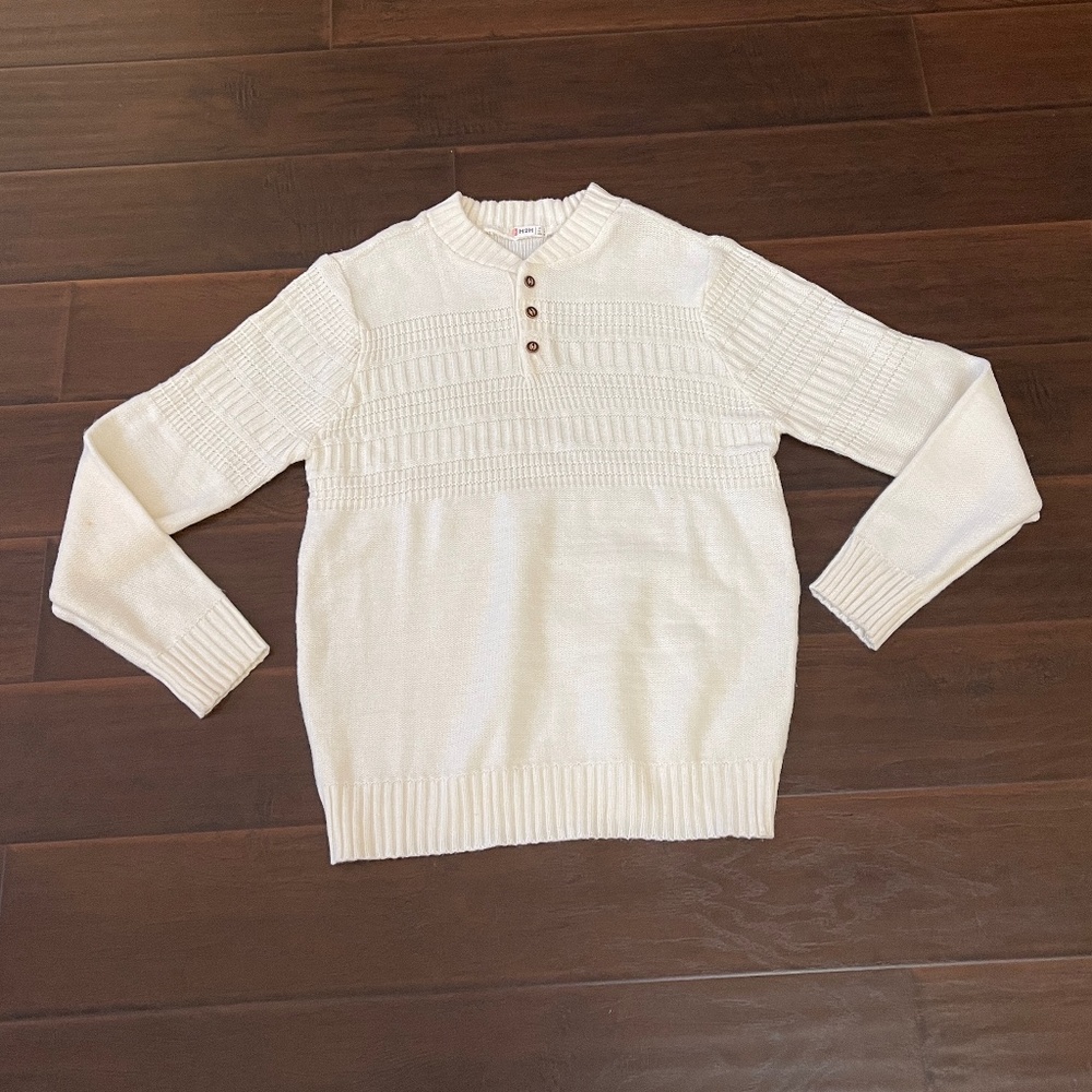 H2H Men's Ivory Long Sleeve Henley Style Pullover Sweater Size Large
